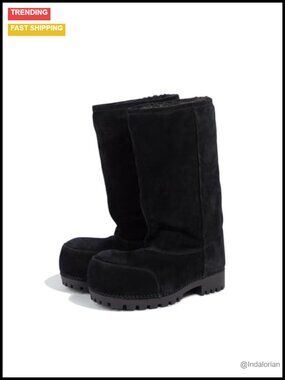 Suede Fur Lined Mid Calf Snow Boots Slip On Chunky Winter